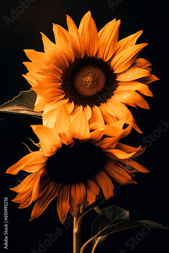 A close up of a sunflower on a black background. Generative AI