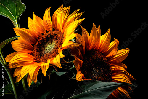 A close up of a sunflower on a black background. Generative AI