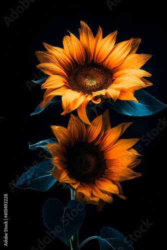 A close up of a sunflower on a black background. Generative AI