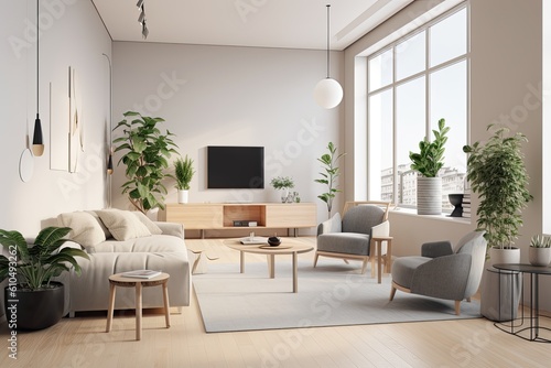modern living room with stylish furniture and a large flat screen TV Generative AI © AkuAku