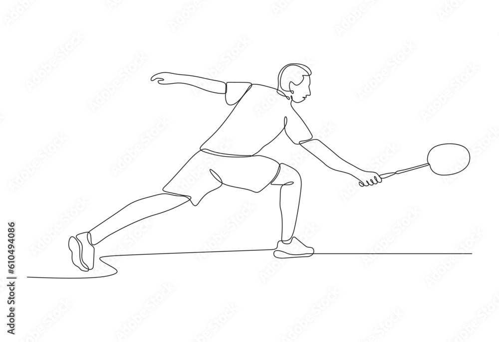 Continuous line drawing of young man playing badminton vector illustration. Premium vector. 