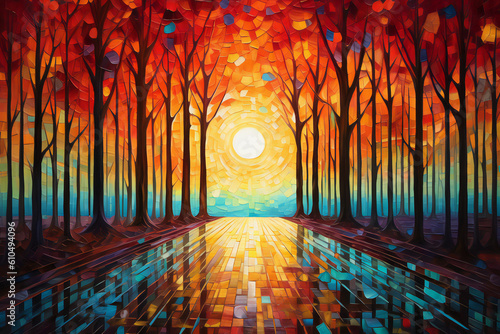 sunset in the forest painting