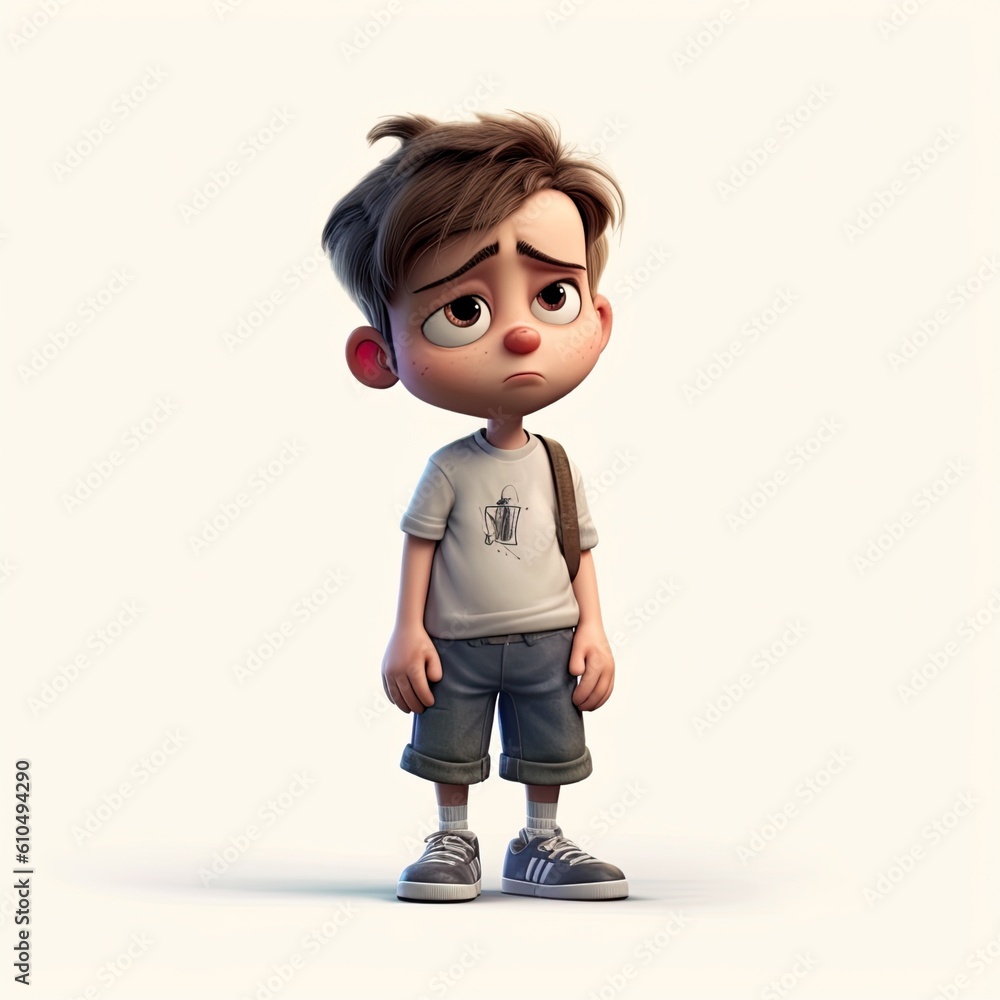 Cute boy 3D style, alone and sad - generative AI illustration Stock ...
