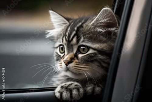 curious kitten peering out of a car window Generative AI © AkuAku