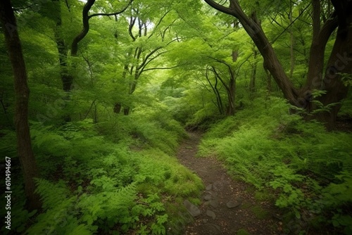 serene forest pathway surrounded by lush green trees Generative AI