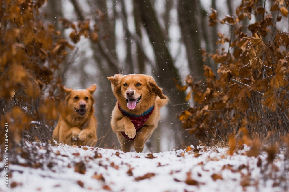 two golden retriever dogs run in the snow