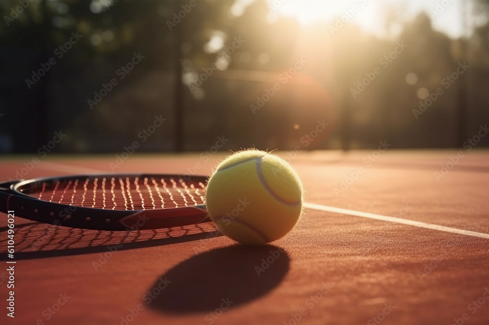 tennis racket and ball on a tennis court, with sunset