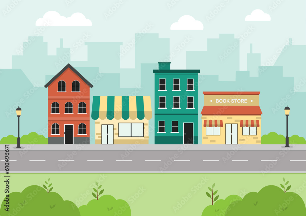 City landscape with colorful buildings, shops, and streets. Cityscape flat design and urban lifestyle. Vector Illustration.