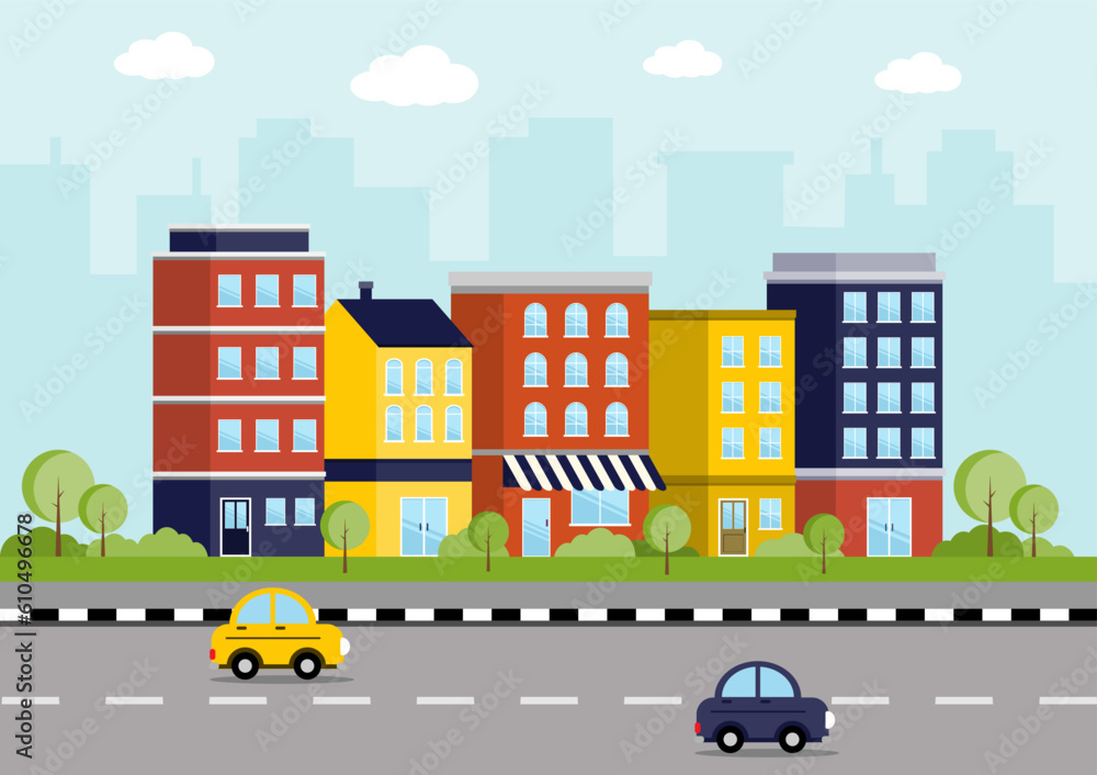 City landscape with colorful buildings, parks, and streets. Cityscape flat design and urban lifestyle. Vector Illustration.