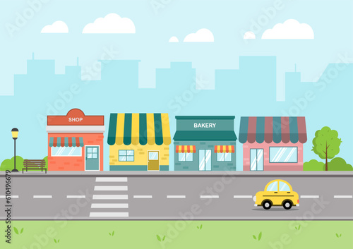 City landscape with colorful shops, and stores. Cityscape flat design and urban lifestyle. Vector Illustration.