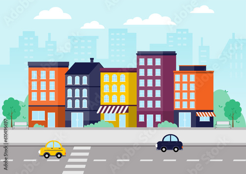 City landscape with colorful buildings  parks  and streets. Cityscape flat design and urban lifestyle. Vector Illustration.
