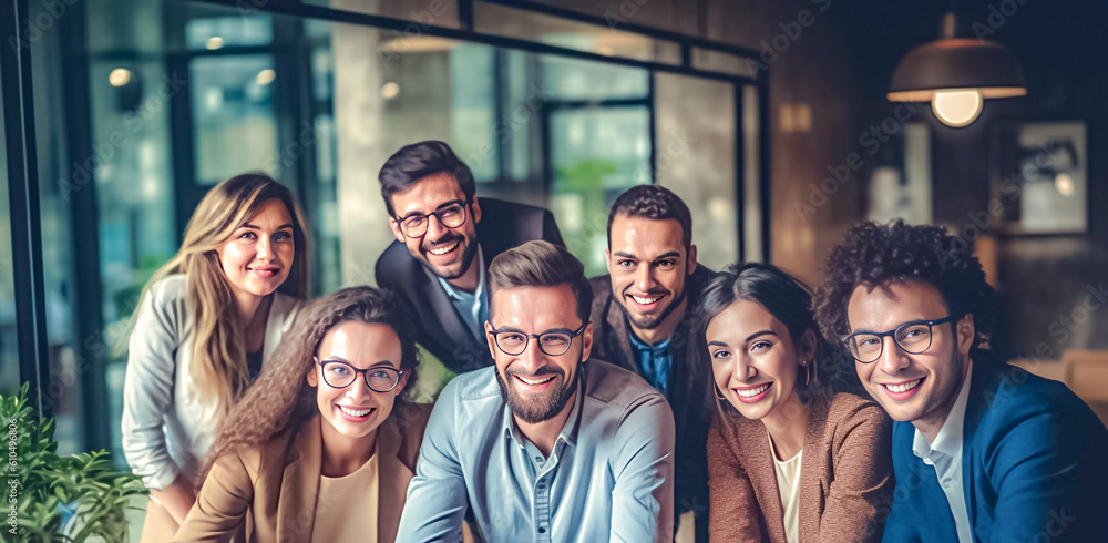 Obraz premium A team of professionals, both men and women in a modern office, showcasing their enthusiasm and camaraderie as they pose for a group photo while working on laptops. generative AI.