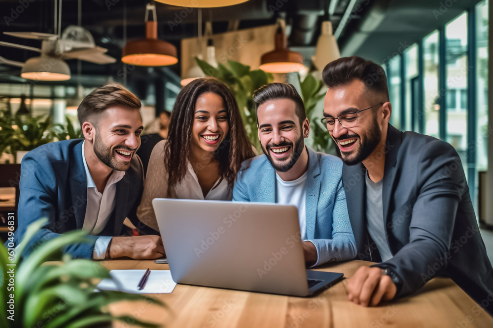 A team of professionals, both men and women in a modern office, showcasing their enthusiasm and camaraderie as they pose for a group photo while working on laptops. generative AI. A team of professionals, both men and women in a modern office, showcasing their enthusiasm and camaraderie as they pose for a group photo while working on laptops. generative AI.