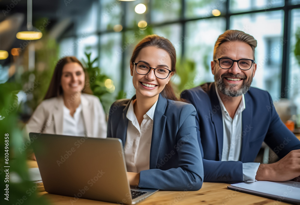 A team of professionals, both men and women in a modern office, showcasing their enthusiasm and camaraderie as they pose for a group photo while working on laptops. generative AI. A team of professionals, both men and women in a modern office, showcasing their enthusiasm and camaraderie as they pose for a group photo while working on laptops. generative AI.