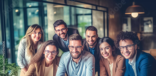 A team of professionals, both men and women in a modern office, showcasing their enthusiasm and camaraderie as they pose for a group photo while working on laptops. generative AI.