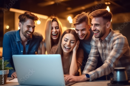A team of professionals, both men and women in a modern office, showcasing their enthusiasm and camaraderie as they pose for a group photo while working on laptops. generative AI.