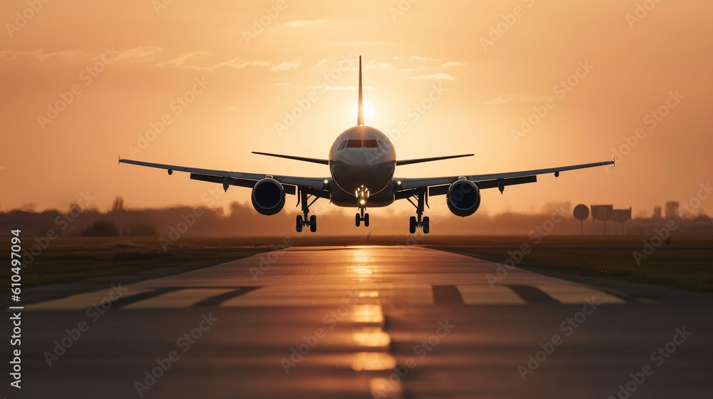 Fototapeta premium airplane landing on airport runway, illustration, Generative AI