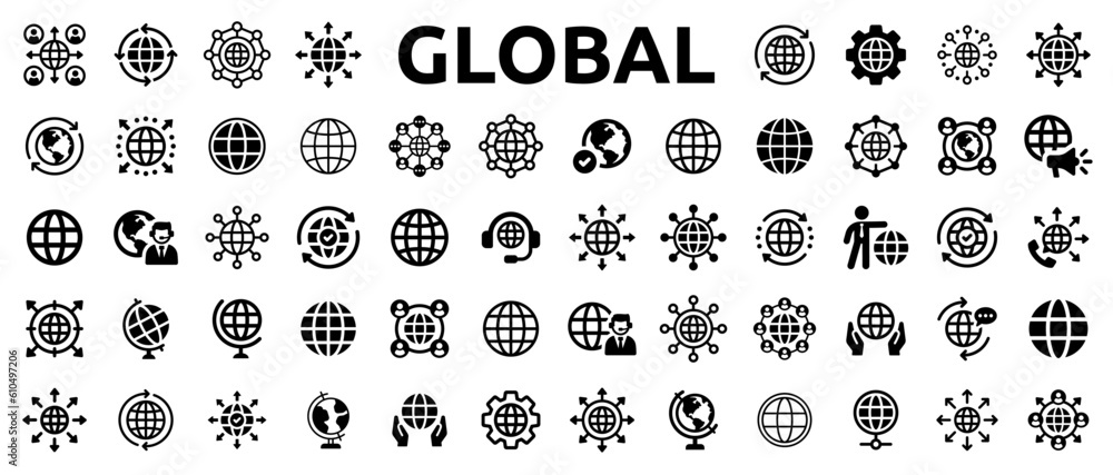 Global icon set. Containing networking, globe, world, globalization, internet, connection, worldwide and communication icons. Solid icon collection. Vector illustration. - obrazy, fototapety, plakaty 