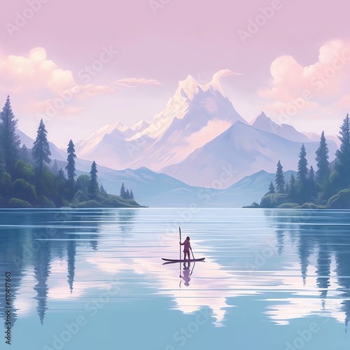 Stand-Up Paddleboarding: Serene figure glides atop calm waters, surrounded by nature's beauty, capturing the peaceful essence of paddleboarding. Generative AI.