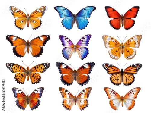 Butterfly collection isolated on white background with AI generated. 