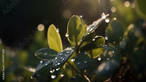 macro of young plant with drops of water in sunlight, illustration, Generative AI