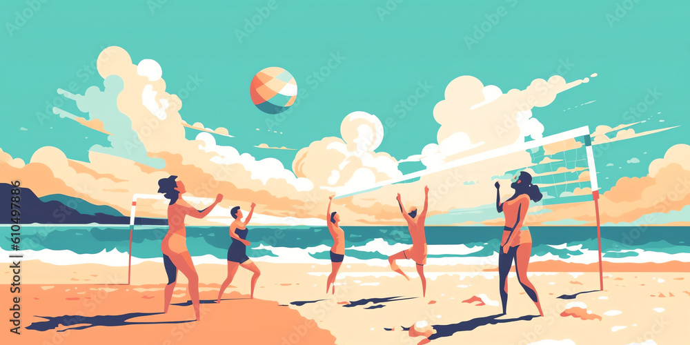 Beach Volleyball: Friends spiking and diving in vibrant action on a sunny beach, capturing the thrill of summer sports. Generative AI.