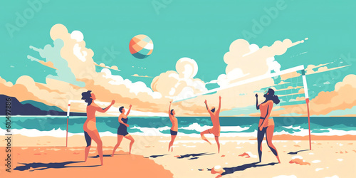Beach Volleyball: Friends spiking and diving in vibrant action on a sunny beach, capturing the thrill of summer sports. Generative AI.