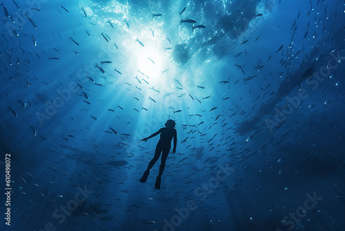 Silhouette of a Diver Swimming with Bunch of Fish in the Blue Deep Sea