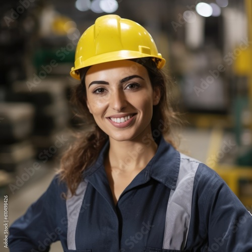 smiling young female factory worker posing looking at the camera. Generative AI