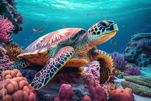Beautiful Underwater View with Big Turtle and Colorful Coral Reef Marine Life