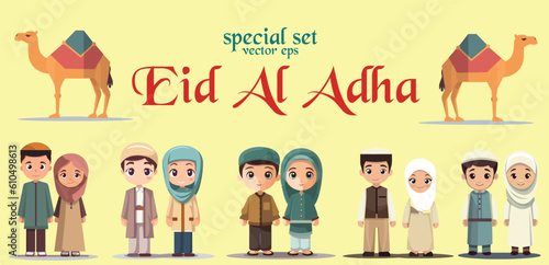 Man and woman wearing moslem uniform with camel and bold text to celebrate eid al adha moslem day. Special set vector eps