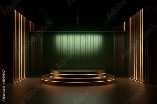 Green Brown color Display mock up 3D luxury stage with LED light and simple shape decoration around it. generative AI