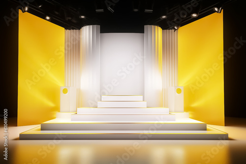 Yellow and White combination color Display mock up 3D luxury stage with LED light and simple shape decoration around it. generative AI