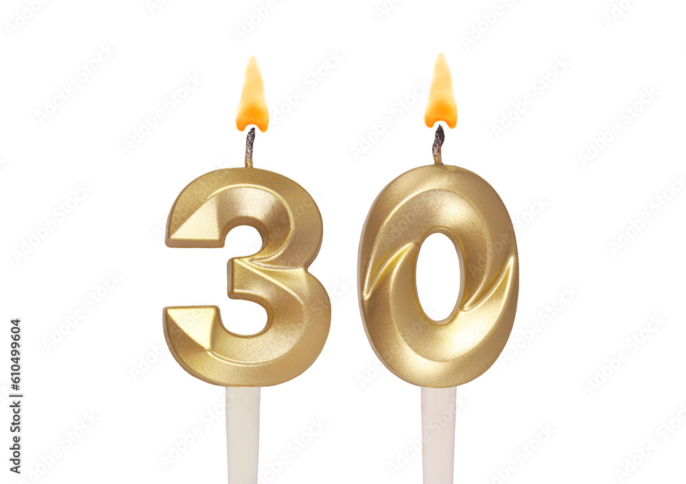 Gold birthday candles isolated on white, number 30 Gold birthday candles isolated on white, number 30