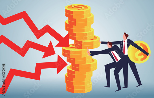 avoiding risk, discouraging business ventures or being wary of risky investments, challenging recessions, businessmen struggling to push arrows to hit the gold pile