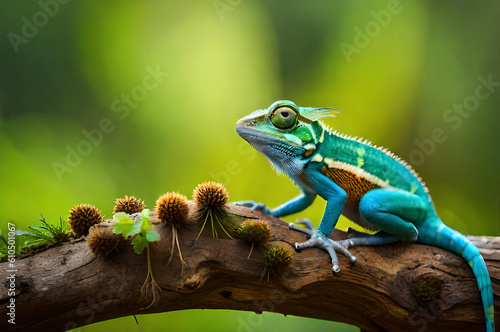close-up of green yellow and brown chameleons on a branch with a blurred background