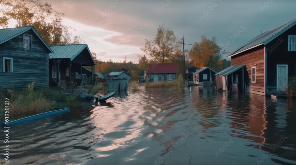 high water in the village.Flooding of houses and villages. Generative AI