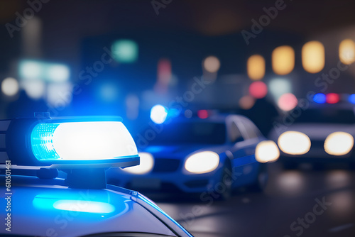 Einsatz der Polizei mit Streifenwagen und Blaulicht photo