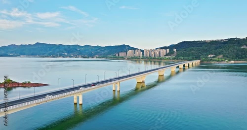 Wallpaper Mural Aerial view of clear lake and bridge with mountain natural landscape in Chun'an, Hangzhou, Zhejiang Province, China. Torontodigital.ca