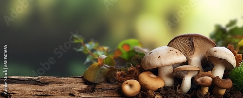 Mushrooms organic vegetable for cooking copy space blurred background, generative AI photo