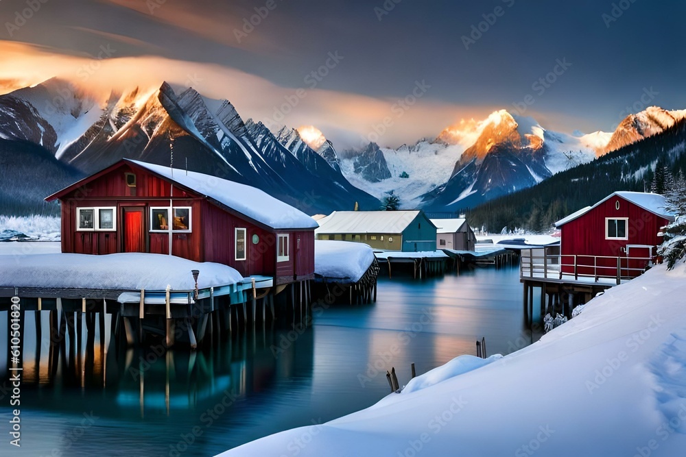 Fototapeta premium Houses on the lake surrounded by snow covered mountains, created with Generative AI