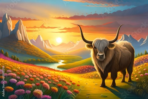 A yak grazing in a valley of flowers during sunset  created with Generative AI