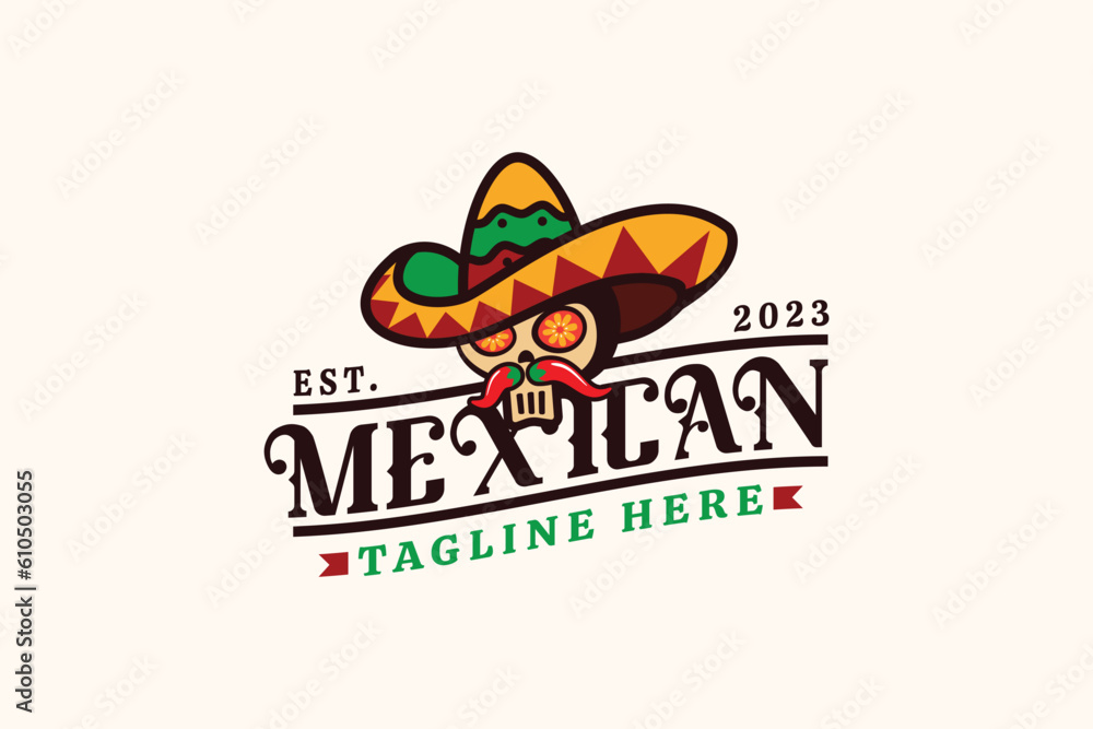 custom made wallpaper toronto digitalmexican restaurant logo with a combination of a skull, sombrero hat, and herbs in vintage style.