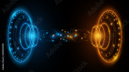 Digital 3D HUD circles with glowing neural connectors. Sci-fi concept. Big data visualization into cyberspace. Futuristic hi-tech background. Vector illustration.
