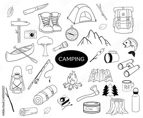 Camping doodle icon set. Vector outline sketch isolated on white. Tent, fishing rod, campfire and map for hiking