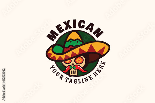 mexican restaurant logo with a combination of a skull, sombrero hat, and herbs in a circle shape.