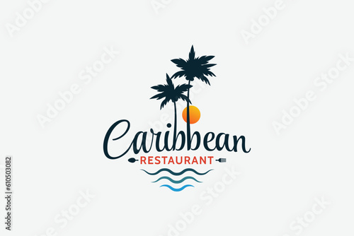 caribbean restaurant logo with a combination of beautiful lettering, palms and sunset.