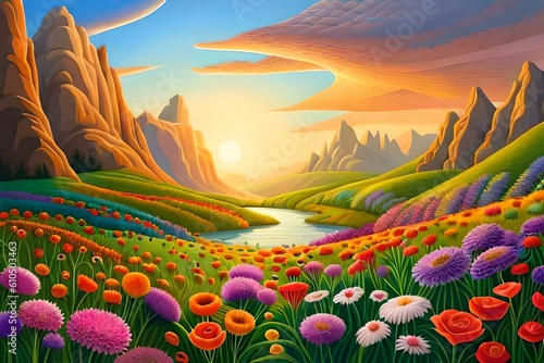 Illustration of a vibrant landscape with colorful flowers and mountains, created with Generative AI