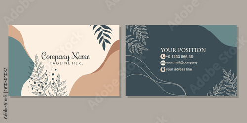 Elegant and beautiful business card template with hand drawn floral pattern. landscape orientation for identity cards, thank you cards, covers, invitations.