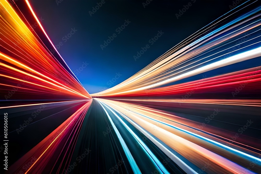 Fototapeta premium Colorful light trails with motion effect on black background. Generative AI.